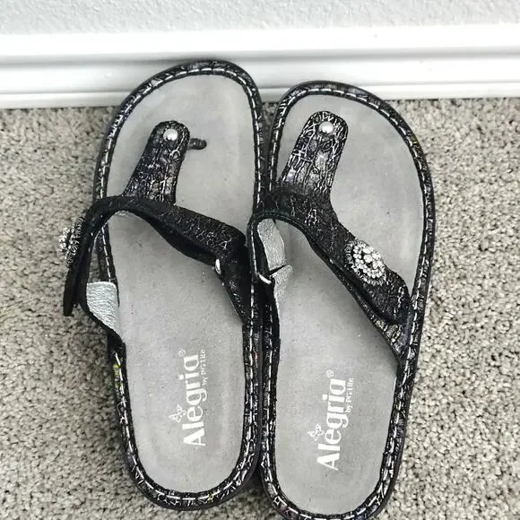 Alegria Size 41 US 10.5/11 Carina Black Metallic Snake Print Jewel Thong Sandals - Picture 2 of 7